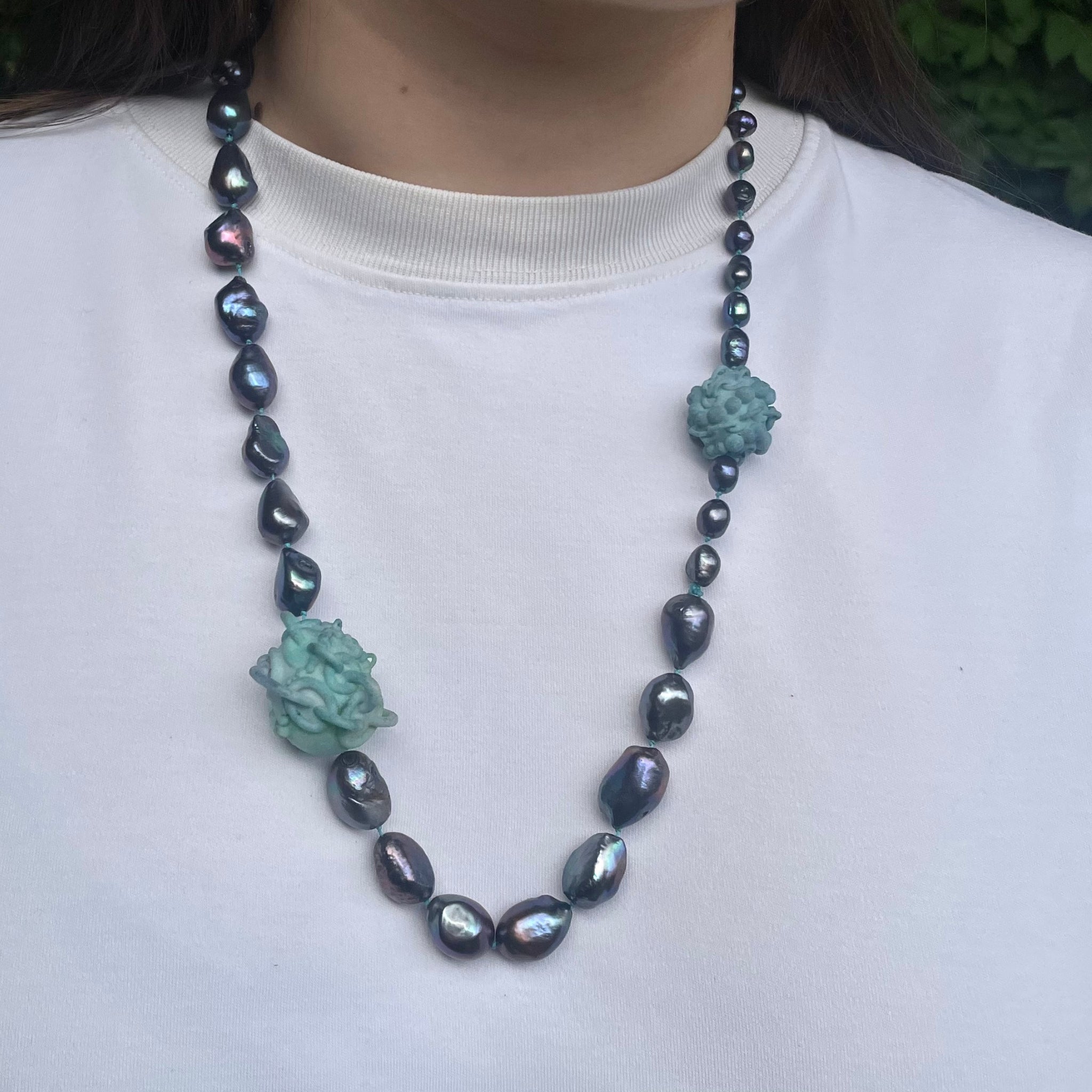Solemn Freshwater Pearl and Dyed Nylon Necklace